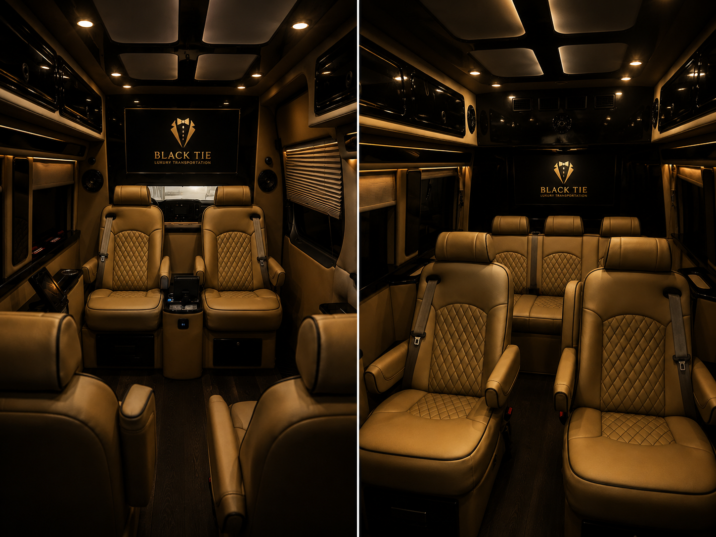 Luxury black and gold interior of the Black Tie Mercedes-Benz Sprinter with premium leather seating
