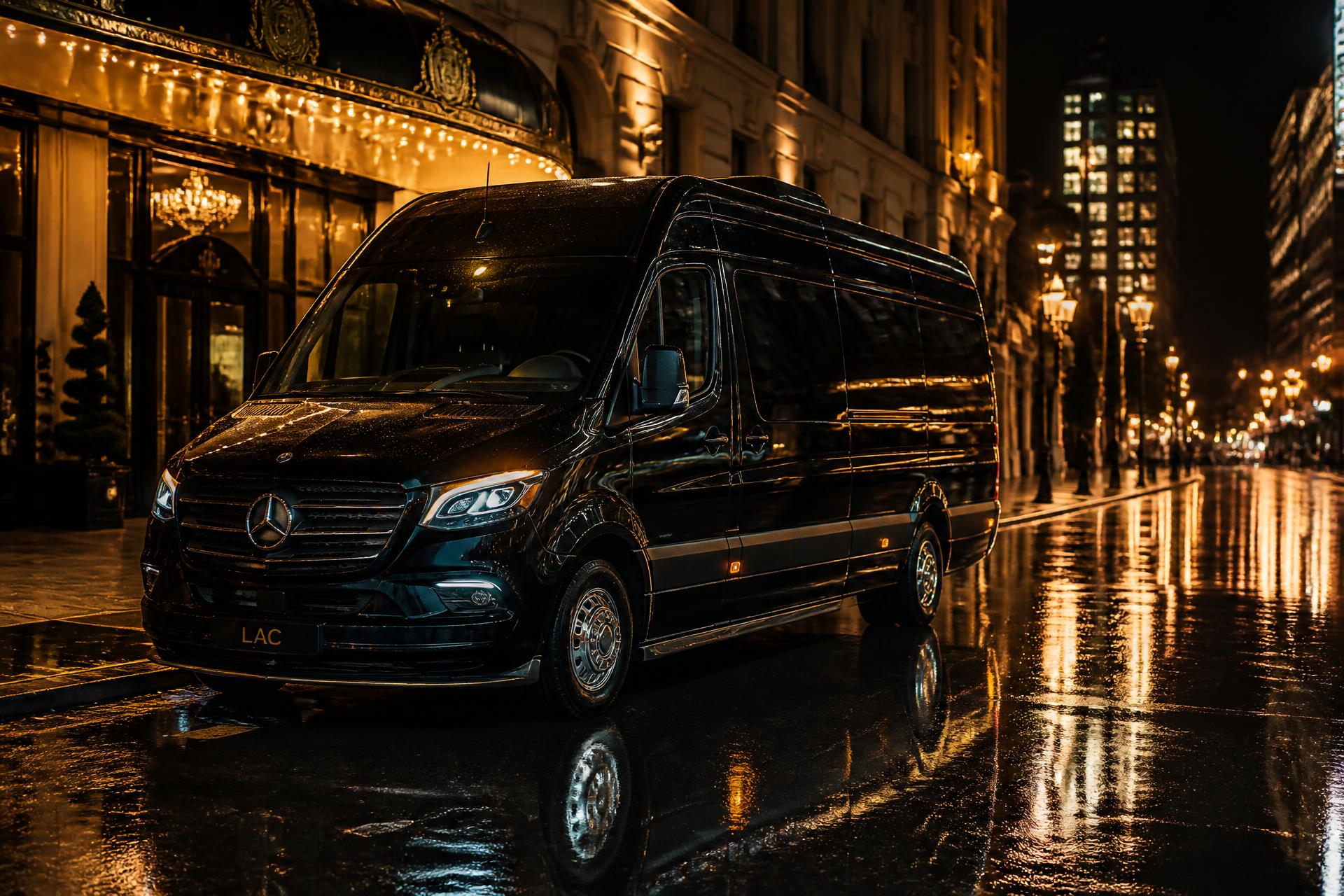 Black Mercedes-Benz Sprinter parked outside a luxury hotel at night